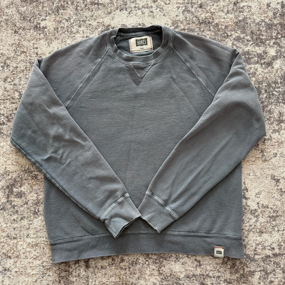 Distressed Hanes Cotton Blend Raglan Crewneck Blue-Grey Sweatshirt Medium